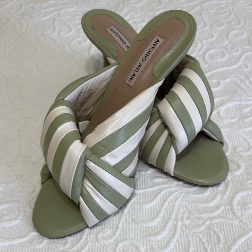 Antonio Melani Green and White Mules with Striped X-Straps